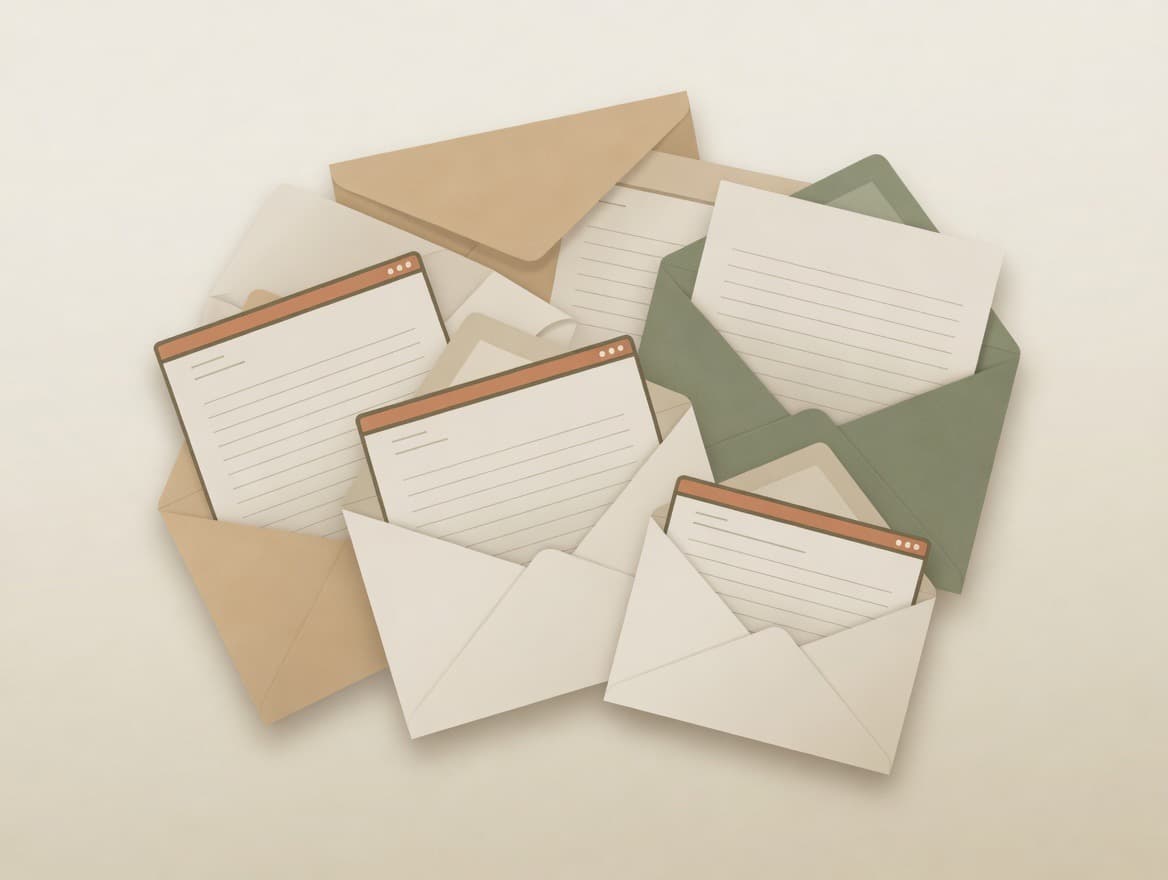 A pile of envelopes and folded objection letters in cream, ochre and sage green tones, ready to be sent to Herefordshire Council